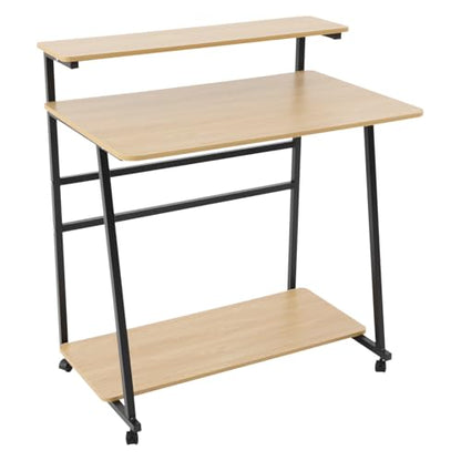 3 Tiers Rolling Computer Desk, 31.5 Inch Home Office Desk with 4 Wheels & 4 Foot Pads, Mobile Small Computer Desk, Student Study Table for Small Space Bedroom (Black+Log Color) - color: Black+log Color