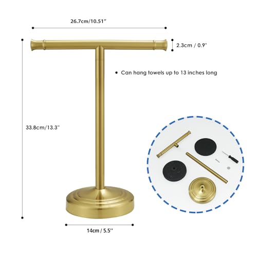 RUMOSE 13 Inch Brushed Gold Towel Stand Hand Towel Holder Bathroom Kitchen Vanity Countertop T-Shape Towel Rack Free Standing Stainless Steel Towel Bar Towel Ring - color: Brushed Gold