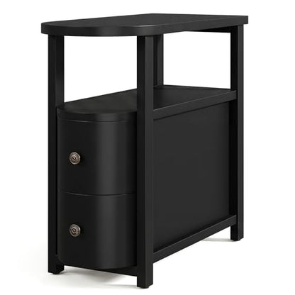 LITTLE TREE Solid Wood End Table with 2 Drawers & Open Shelf, No Assembly Required Side Table for Living Room, Black Couch Side Tables, Slim Bedside Table Nightstand for Bedroom - color: Black