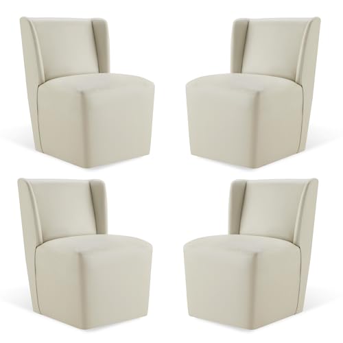 KISLOT Upholstered Dining Chairs Set of 4 with Casters, Wingback Modern Side Armless Deskchair with Rollers for Diningroom Bedroom Livingroom Reading Room, Cream Faux Leather - color: A Cream Faux Leather, size: Set of 4