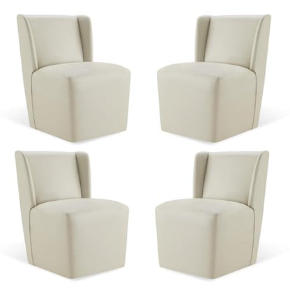 KISLOT Upholstered Dining Chairs Set of 4 with Casters, Wingback Modern Side Armless Deskchair with Rollers for Diningroom Bedroom Livingroom Reading Room, Cream Faux Leather - color: A Cream Faux Leather, size: Set of 4