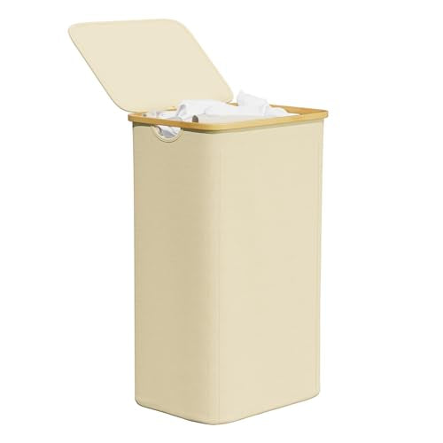 SpaceAid Laundry Hamper with Lid, 110L Large Tall Clothes Basket Bin with Bamboo Handles, Collapsible Laundry Hamper for Bedroom, Bathroom, Dorm, Laundry Room - Beige - color: Beige, size: 110 L