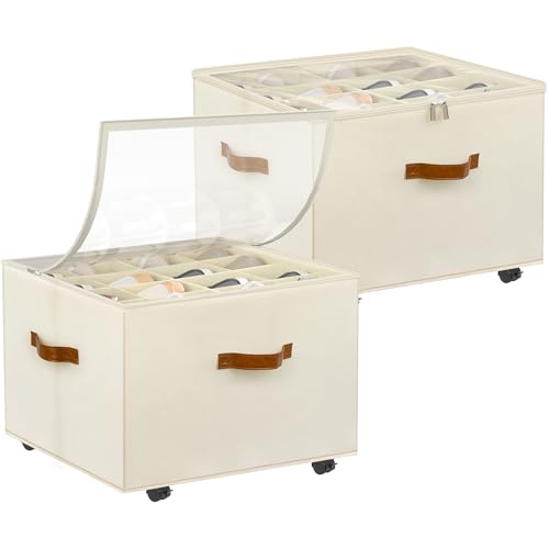 Shoe Organizer for Closet, 2 Pack Shoe Storage Organizer with Wheels and Adjustable Dividers, Stackable Shoe Storage Box with Clear Cover, Foldable Closet Shoe Organizer Fits up to 16-32 Pairs, Beige - color: Beige, size: 17"L x 17"W x 12 ½"H-2 Pack