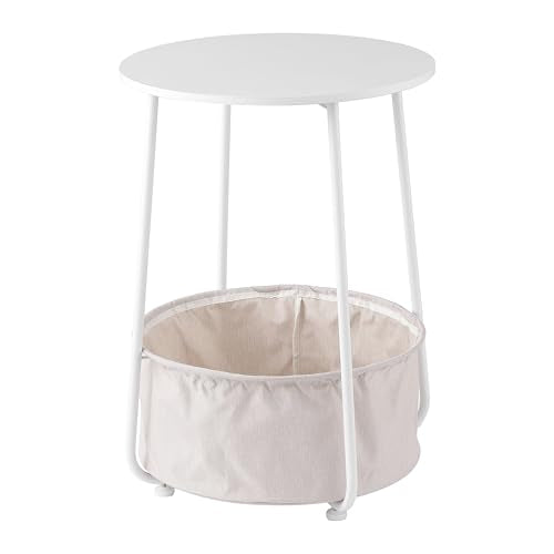 Modern Round Side End Table with Fabric Storage Basket, Matte White and Camel Brown, Contemporary Nightstand (White) - color: White