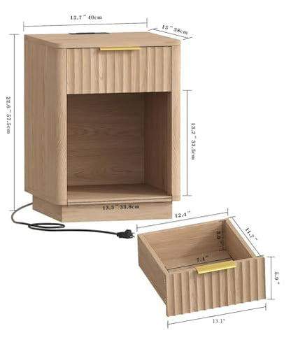 Akxomel Fluted Nightstand, Wooden Night Stand with Charging Station and LED Light, Modern Mid Century End Table with Drawer, 15" D x 15.7" W x 22.6" H, for Bedroom, Natural Oak - color: Natural Oak