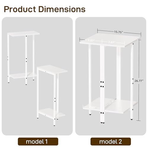 Side Tables Set of 2, Sofa Table for Small Spaces, Narrow Side Table with 2-Tier Storage Shelf, Small End Tables for Living Rooms, Bedrooms, and Hallways(White)