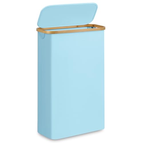 Slim Laundry Basket,60L Laundry Hamper with Lid, Tall Hamper for Laundry,Dirty Cloth Hamper with Bamboo Handle for Toys,Towels, Clothes Organizing, Light Blue - color: Light Blue, size: 60L Slim