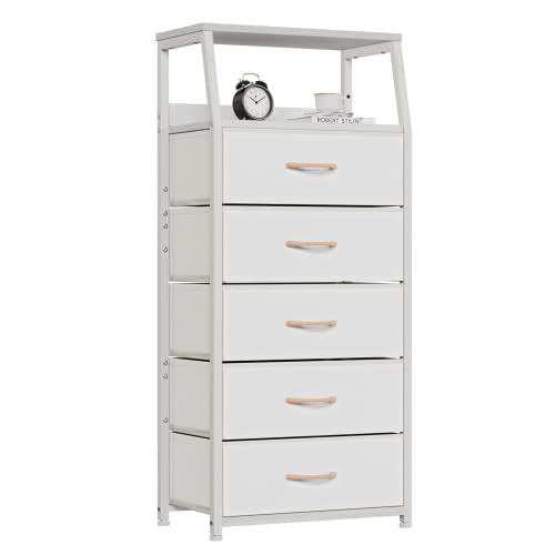 Furnulem White Dresser with 5 Drawers, Vertical Storage Tower Fabric Dresser for Bedroom, Hallway, Entryway, Nursery, Closet Organizer, Nightstand Bedside Table Furniture, Sturdy Steel Frame, Wood Top - color: White, style: 5 Drawers