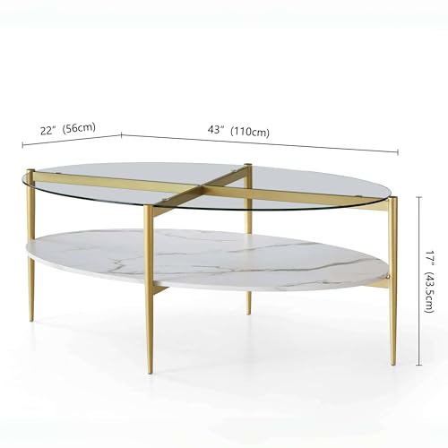 LumFurn Oval Glass Coffee Table, Mid-Century Modern Design, L43 x W22 x H17 inch, Surfboard Shaped Clear Glass Top and White Marble Finish Wood Shelf, Tapered Legs with Gold Finish Frame - color: Clear & White Marble, size: L43" Surfboard Coffee Table