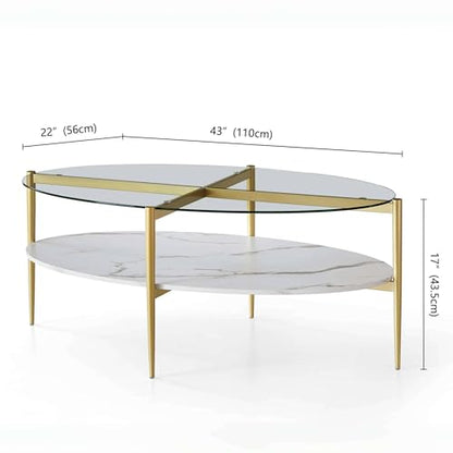 LumFurn Oval Glass Coffee Table, Mid-Century Modern Design, L43 x W22 x H17 inch, Surfboard Shaped Clear Glass Top and White Marble Finish Wood Shelf, Tapered Legs with Gold Finish Frame - color: Clear & White Marble, size: L43" Surfboard Coffee Table