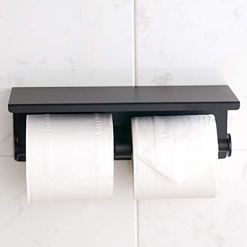 BGL 304 Stainless Steel Double Toilet Paper Holder Wall Mounted Matte Black Two Heads Roll Tissue Paper Holder with Shelf (Black) - color: Black