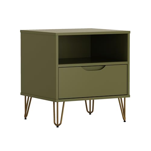 Manhattan Comfort Avira 20 Inch Nightstand with Drawer and Shelf, Mid Century Modern Bedroom Stand with Storage, Compact Side End Table with Metal Legs, Olive Green - color: Olive Green