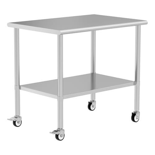 Stainless Steel Table with Wheels 30" x 48" Utility Worktable with Adjustable Undershelf for Commercial Kitchen, Garage, Restaurant - color: W/ Wheel, size: 30x48 Inch