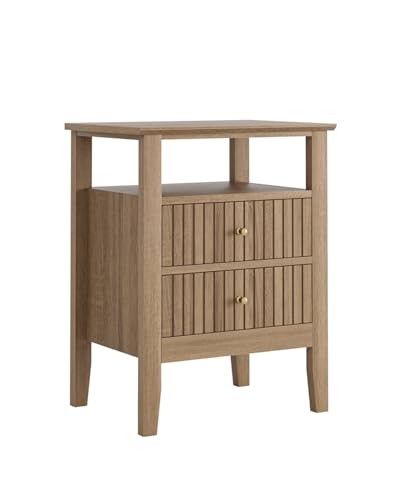 Fluted Nightstand, Farmhouse Night Stand with 2 Drawers, Mid Century Modern Side Accent Table,Bedside End Table for Bedroom, Living Room, Natural - color: Natural, size: 2 Drawers
