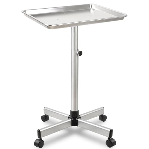 Salon Tray on Wheels, Salon Color Tray with Adjustable Height,Salon Rolling Tray Ideal Use As Metal Mayo Stand Tray,Tattoo Tray, Medical Tray, Dental Tray（Silver） - color: Silver