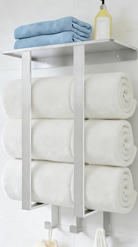 Bethom Towel Rack Wall Mounted with 3 Hooks for Bathroom, Brushed | Stainless Steel Towel Storage for Small Bathroom, for Rolled Bath Towels - color: Brushed Nickel, size: Square Tube
