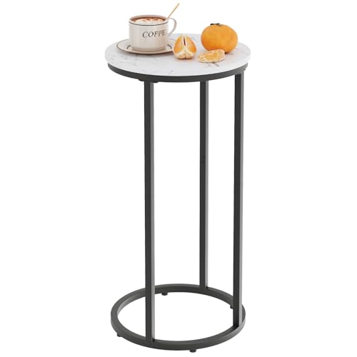 C Shaped end Table,Wood Round Side Table for Couch,Small Sofa Table with Metal Frame for Bedroom,Living Room,Bedside,Black Color(11.81" D x 11.81" W x 23.62" H) - color: White Marble+black, size: 1 Tier