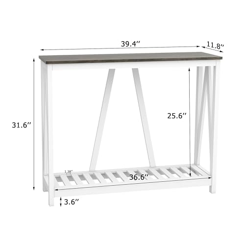 Farmhouse Console Table with Shelf, 39.3" Narrow Entryway Table, Dark Oak | Farmhouse Style Grey Oak Top White V‑Shape Frame Slat Shelf Storage 39.3" Narrow Anti‑Tip Legs sofa table - color: Dark Oak