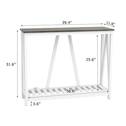 Farmhouse Console Table with Shelf, 39.3" Narrow Entryway Table, Dark Oak | Farmhouse Style Grey Oak Top White V‑Shape Frame Slat Shelf Storage 39.3" Narrow Anti‑Tip Legs sofa table - color: Dark Oak