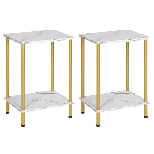 HOOBRO End Tables Set of 2, Small Side Table, Nightstand with 2-Layer Storage Shelves, Sofa Table for Small Spaces, Living Room, Bedroom, Stable Frame, Easy Assembly, Gold and Marble DM09BZP201 - color: Marble + Gold