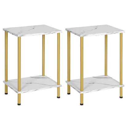 HOOBRO End Tables Set of 2, Small Side Table, Nightstand with 2-Layer Storage Shelves, Sofa Table for Small Spaces, Living Room, Bedroom, Stable Frame, Easy Assembly, Gold and Marble DM09BZP201 - color: Marble + Gold
