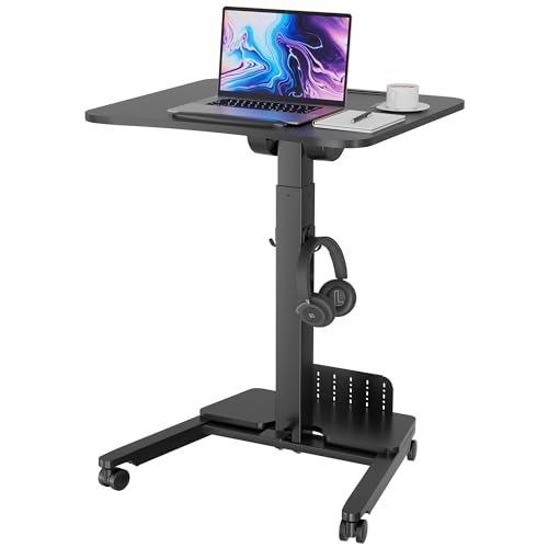 BONTEC Mobile Standing Desk Adjustable Height, Rolling Laptop Cart with Storage Shelf, Hooks, Portable Workstation with Pneumatic Lift, Ergonomic Compact Home Office Desk, Black 23.6" x 20.5" - color: Black, size: 23.6" x 20.5"
