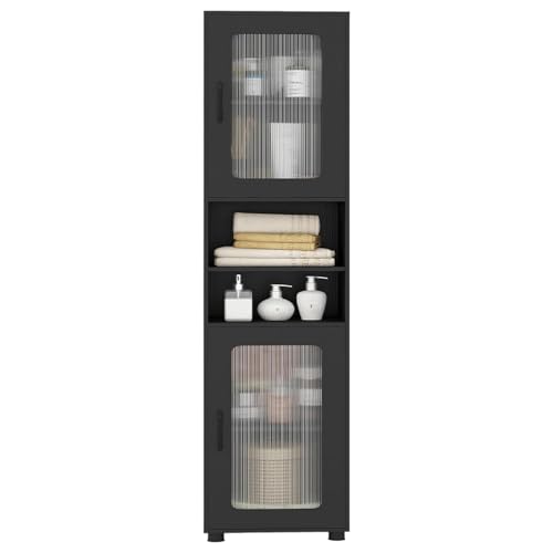 67" Tall Bathroom Cabinet, Narrow Freestanding Cabinet with Adjustable Open Shelf, 2 Fluted Doors, 4 Rubber Feet, Space-Saving Modern Corner Tower for Laundry, Kitchen Pantry (Black) - color: Black