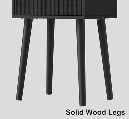 LAATOOREE Nightstand Set of 2, Small Bed Side Table with Fluted Door, End Table with Solid Wood Legs, Mid-Century Bedside Table for Bedroom Small Space - color: Black, style: Fluted Style