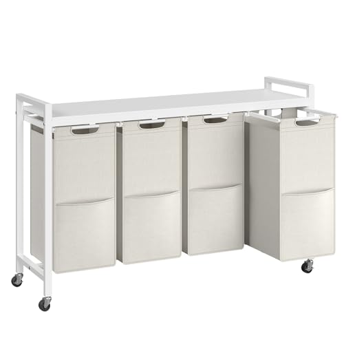 HOOBRO Laundry Sorter 4 Sections, Laundry Hamper with Wheels, 4 × 10.5 Gal (40 L), Rolling Laundry Basket, Pull-Out and Removable Oxford Fabric Bags, White WG04XY01 - color: White