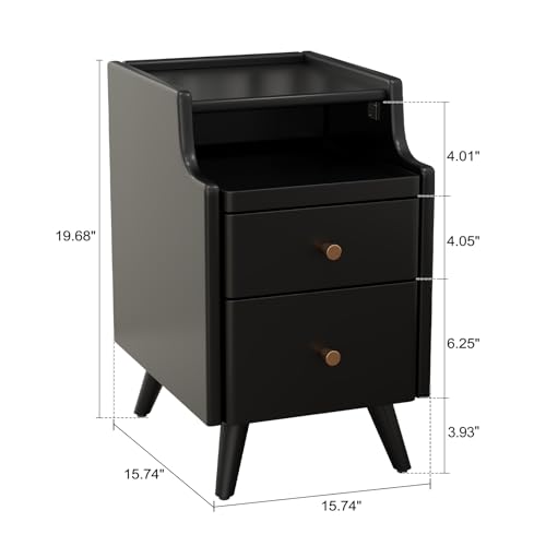 AQIMUELE Wood Nightstand, Black Nightstand with 2 Drawers, Bedside Table for Bedroom - color: 1 Pc(black), size: 15.74''D*15.74''W*19.68''H