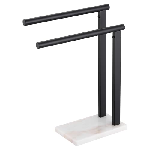 KOKOSIRI Hand Towel Racks Stand Towel Holder 2-Tier with Marble Base for Bathroom Vanity Countertop, Matte Black Stainless Steel 15.7'' Height THS0007-BK - color: Matte Black, size: 2-Bar