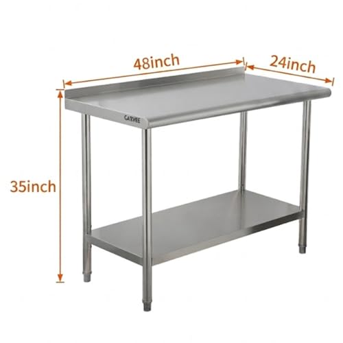 Garvee Stainless Steel Curved Edge Work Table 48 inch Double Layer with Backsplash, Heavy Duty Commercial Prep Table with Hook, 0.7mm Thick - size: 48*24*35 inch - with rear backboard