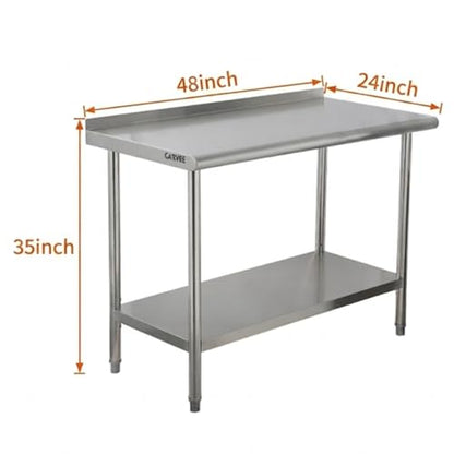 Garvee Stainless Steel Curved Edge Work Table 48 inch Double Layer with Backsplash, Heavy Duty Commercial Prep Table with Hook, 0.7mm Thick - size: 48*24*35 inch - with rear backboard