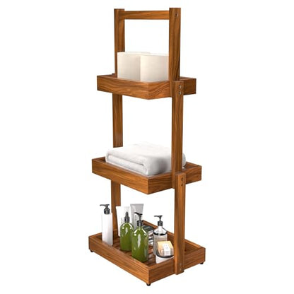 3-Tier Teak Shower Caddy, Bathroom Organizer with Towel Rack | Three-Tier Teak Organizer Keeps Toiletries, Towels and Toilet Paper within Reach, with a Stable Non-slip Base. - size: 3 Tier