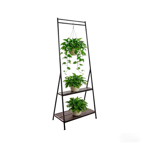 Hanging Plant Stand Folding Plant Stand 2 Tier Ladder Shelf with Hanging Rod Height Adjustable Flower Pot Display Organizer for Balcony Porch Living Room
