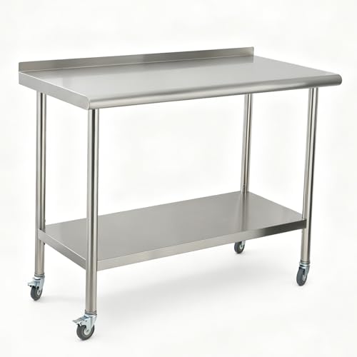 Garvee Stainless Steel Curved Edge Work Table 48 inch Double Layer with Backsplash & Casters, Heavy Duty Commercial Prep Table with Hook, 0.7mm Thick - size: 48*24*35 inch - with back panel + casters