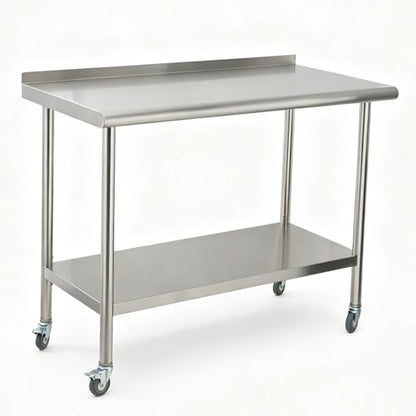 Garvee Stainless Steel Curved Edge Work Table 48 inch Double Layer with Backsplash & Casters, Heavy Duty Commercial Prep Table with Hook, 0.7mm Thick - size: 48*24*35 inch - with back panel + casters