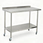 Garvee Stainless Steel Curved Edge Work Table 48 inch Double Layer with Backsplash & Casters, Heavy Duty Commercial Prep Table with Hook, 0.7mm Thick - size: 48*24*35 inch - with back panel + casters