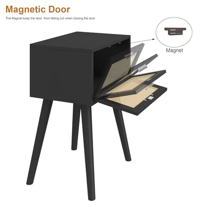 LAATOOREE Nightstand Set of 2, Small End Table with Rattan Door, Bedside Table with Solid Wood Feet, Boho Side Table for Bedroom Living Room Small Space, Black - color: Black, style: Boho Style