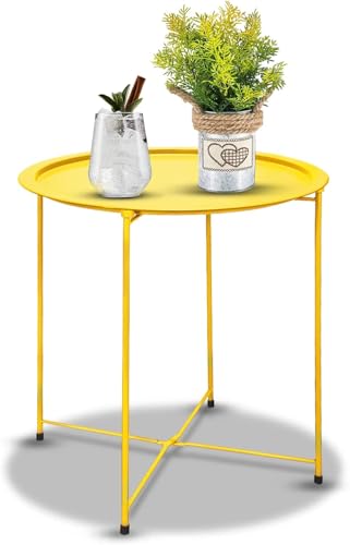 Garden 4 you Small Side Table, Round End Table, Outdoor Side Table with Metal Frame, Bedside Table for Living Room, Bedroom, Patio, Small Space, Yellow - color: Yellow