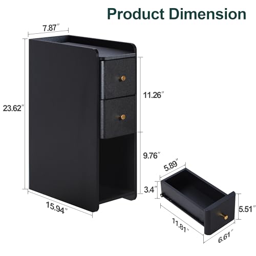 Narrow Nightstand Set of 2, Wooden Small 2 Drawer Nightstand, Slim Side End Table, Skinny Bedside Table, Mid Century Modern Night Stand with Drawers for Bedroom (Black-2 pcs) - color: Black-2 Pcs