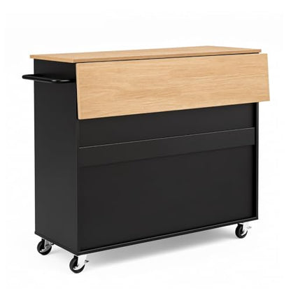 VEVOR Kitchen Island Cart with Storage, 42.4 in Wide Mobile Rolling Storage Island on Swivel Wheels, with 3 Drawers, Storage Cabinet, Drop Leaf, Towel Rack, Table for Home Dining Room, Black - size: 42.4" W (dropleaf)