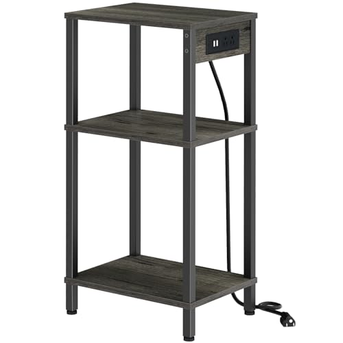 Tall Side Table with Charging Station, 30 Inch Tall End Tables Living Room | 30 Inch Tall Side Table with Storage, Tall Nightstand, Small Bedside Tables for Bedroom, Office, Dorm, Hallway, Carbon Gray - color: Carbon Gray, size: 11"D x 15"W x 30"H