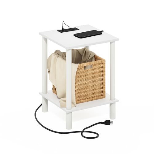 Furinno Turn-N-Tube Side Table, 2-Tier Square End Table with Charging Station, Night Stand, Bedside Table with USB and Type-C Port, for Living Room, Bedroom, White - color: White/White, size: 2-Tier, Charging Station