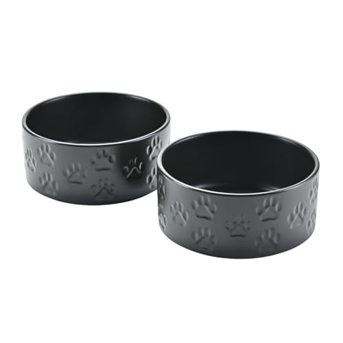 SPUNKYJUNKY Ceramic Dog and Cat Bowls 2 Pack, 5.1'' Dog and Cat Food Water Double Feeding Bowls Non-Slip for Cats and Puppy Small Sized Breed Dogs Microwave Dishwasher Safe - 13.5 OZ, 2pcs, Paw Black - color: Paw Black - Only Bowls*2, size: 5.1 in - 1.7 c