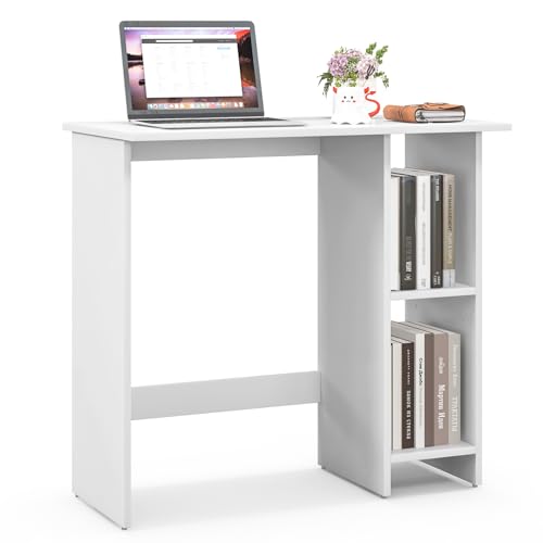 COSTWAY 31.5” Space Saving White Writing Desk, Modern Home Office Computer Workstation with Adjustable Shelf, Compact PC Table with Storage for Small Spaces/Bedroom/Dorm Rooms