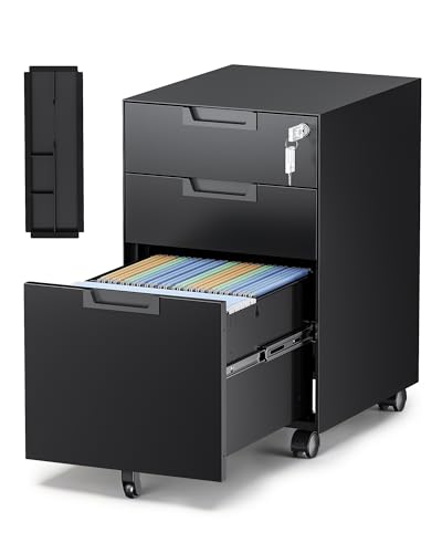 3-Drawer File Cabinet with Lock, Under Desk Rolling Filing Cabinet for Legal/Letter/A4 File Folder, Printer Stand, Metal Storage Cabinet on Wheels for Home Office(Fully Assembled，Black) - color: Black, size: 14.6"W x 23.6"H x 17.3"D