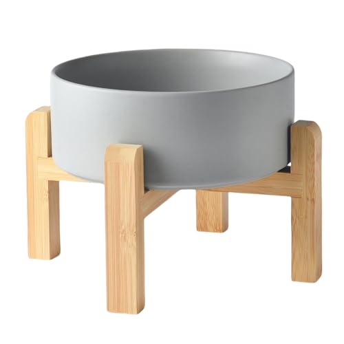 8'' Ceramic Raised Dog Bowl - 70Oz Dog Food & Water Bowl with Elevated Non-Slip Bamboo Stand, Dishwasher & Microwave Safe, Anti Vomiting Heavy Duty Pet Bowl for Medium and Large Dogs, Grey - color: 1 x Bowl + Stand - Grey, size: 8 inch