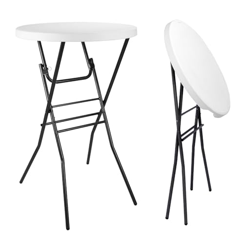 pollilar Cocktail Table 28in Portable Folding Bar Height Table, Compact Round High Top Plastic & Steel Bistro with Removable Legs, for Indoor Outdoor RV Patio Catering Parties Commercial Events-White - color: White