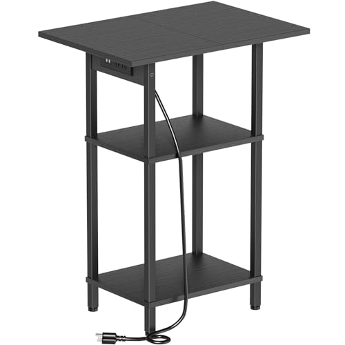 Asgolion Tall End Table with Charging Station, Skinny Nightstand with USB Ports and Outlets, 3 Tier Narrow Side Table with Storage for Bedroom, Living Room, Office, Black - color: Black, size: 30"H